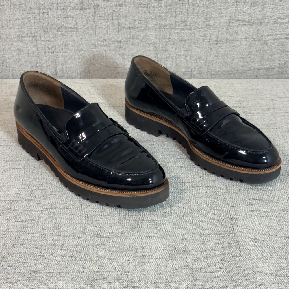 Paul Green Black Patent Leather Women Shoe 7 Lug Sole Penny Loafers Platform